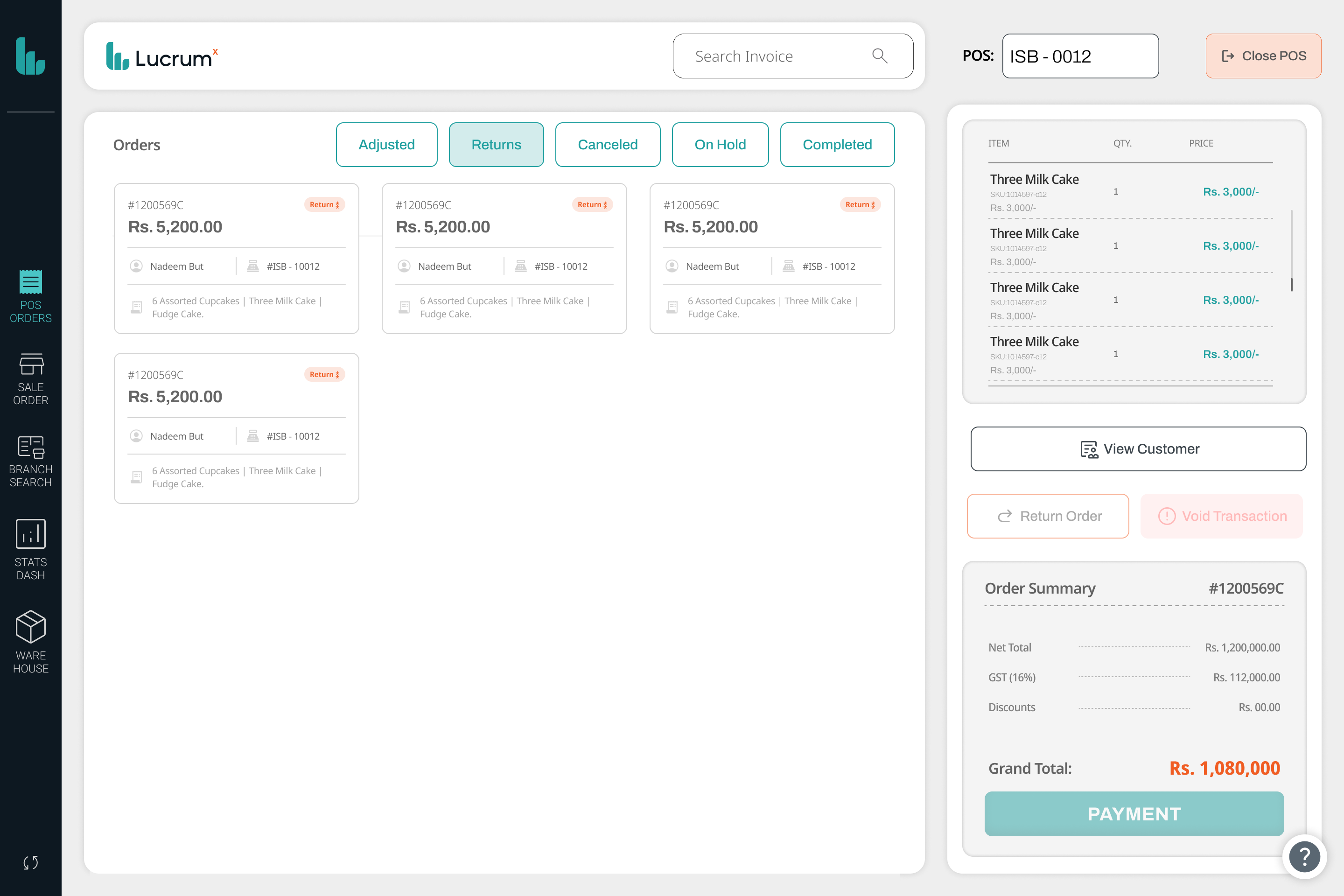 Lucrum POS orders filtered to returns, each card flagged with a return badge, alongside return order and void transaction actions in the summary rail